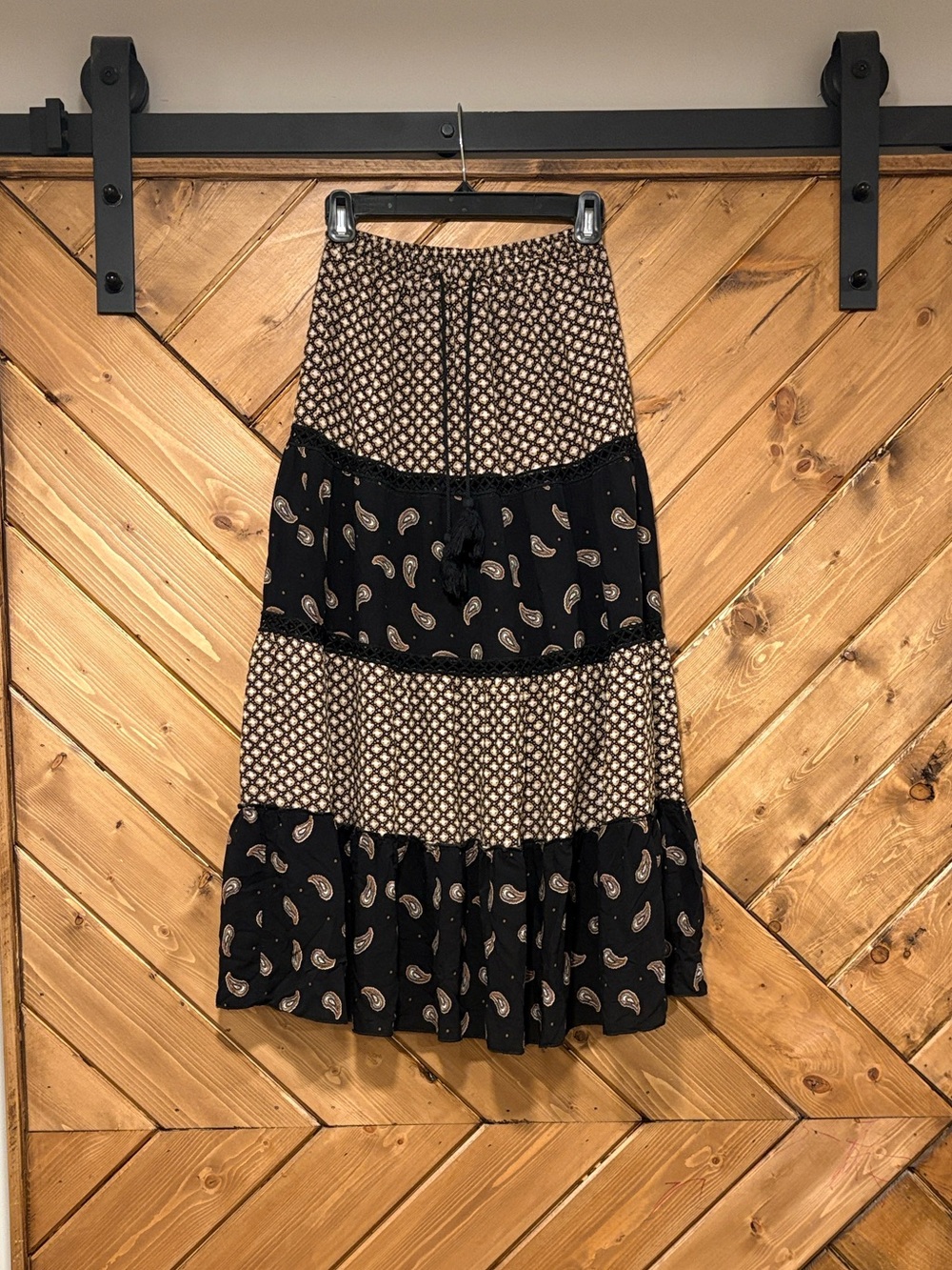Black and Cream Paisley Tiered Maxi Skirt Solitaire by Ravi Kholsa Boho Small